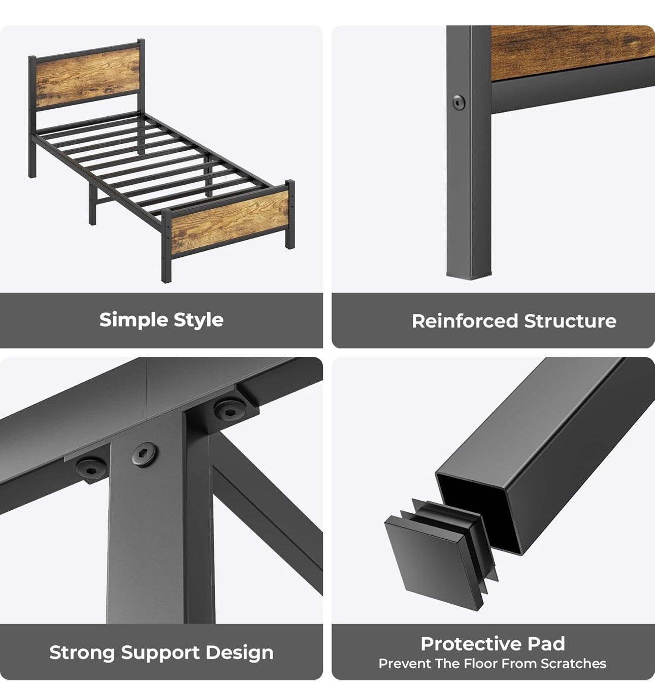 Single Bed Frame with Wooden Headboard