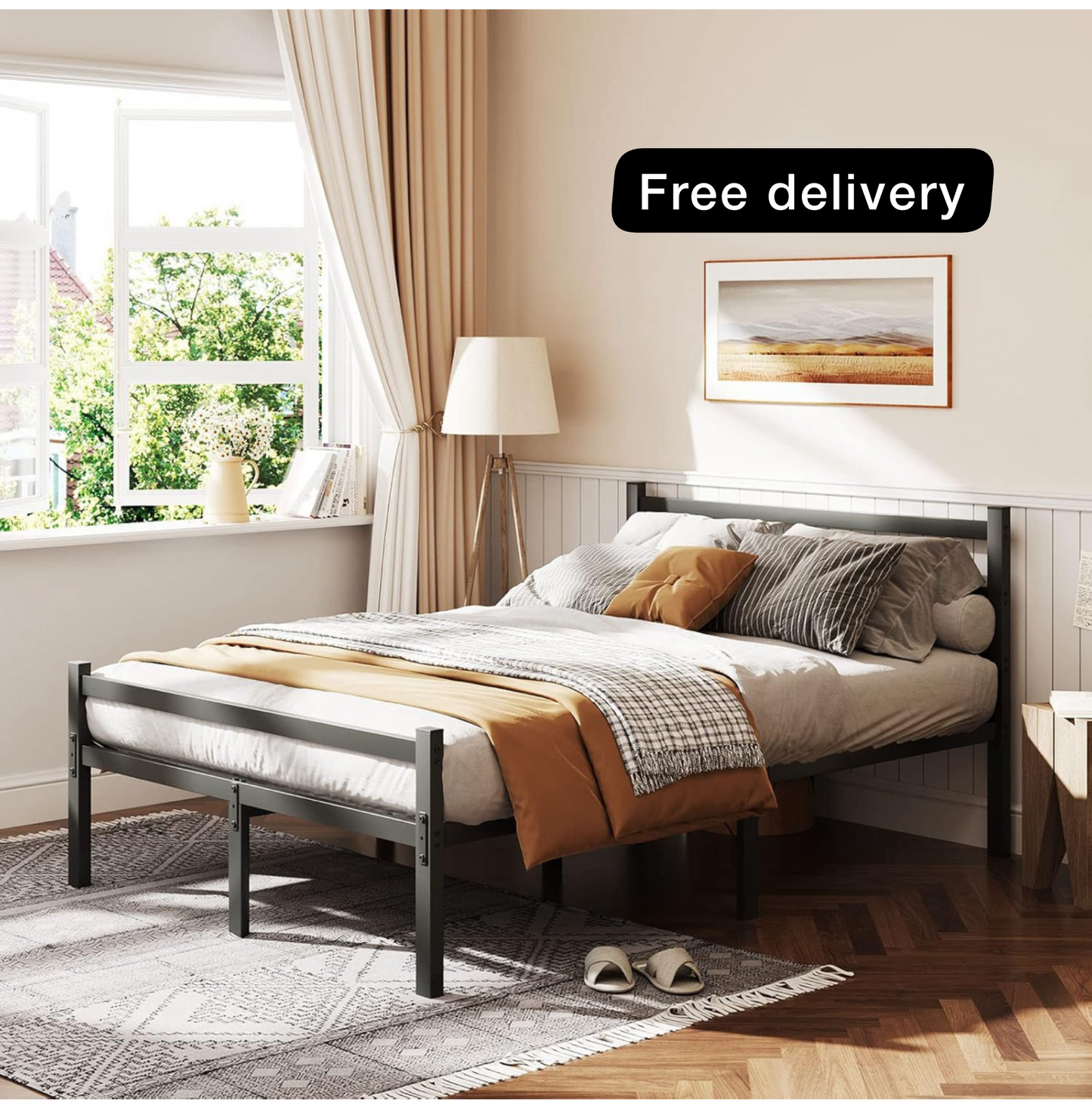 4ft6 Double Bed Frame with Headboard, Black Metal