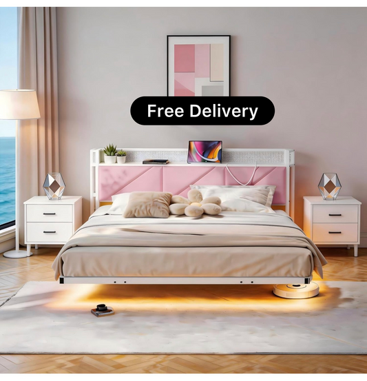 King Size Bed Frame with Floating Upholstered Storage Headboard,Pink
150x200cm Metal Bed Frame with LED Lights & USB Charging, 5ft King Platform Bed, Heavy Duty Metal Slats, Noise Free