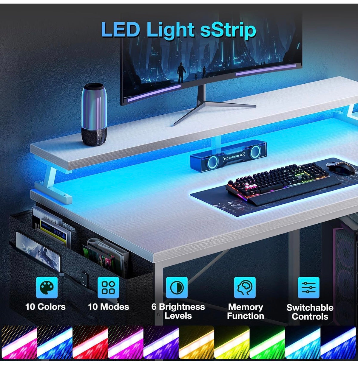 L Shaped Gaming Desk with LED Lights & Power Outlet, 100x70 cm