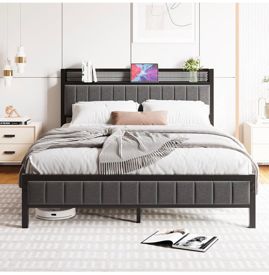 King Size Bed Frame with Storage Upholstered Headboard Shelf,5ft