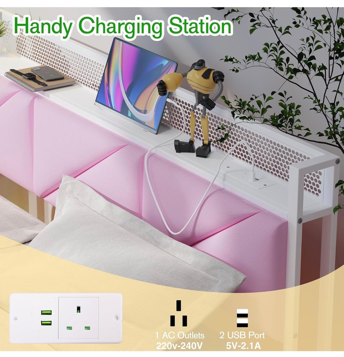 King Size Bed Frame with Floating Upholstered Storage Headboard,Pink
150x200cm Metal Bed Frame with LED Lights & USB Charging, 5ft King Platform Bed, Heavy Duty Metal Slats, Noise Free