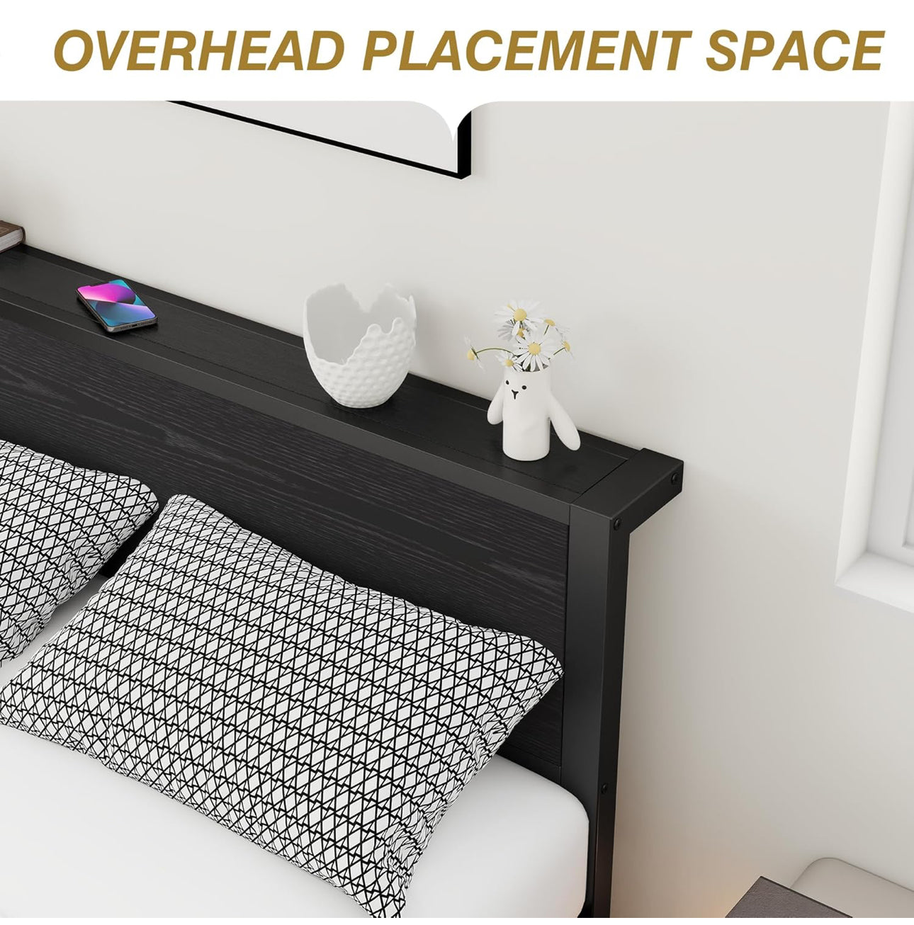 Double Bed Frame with Wooden Storage Shelf Headboard