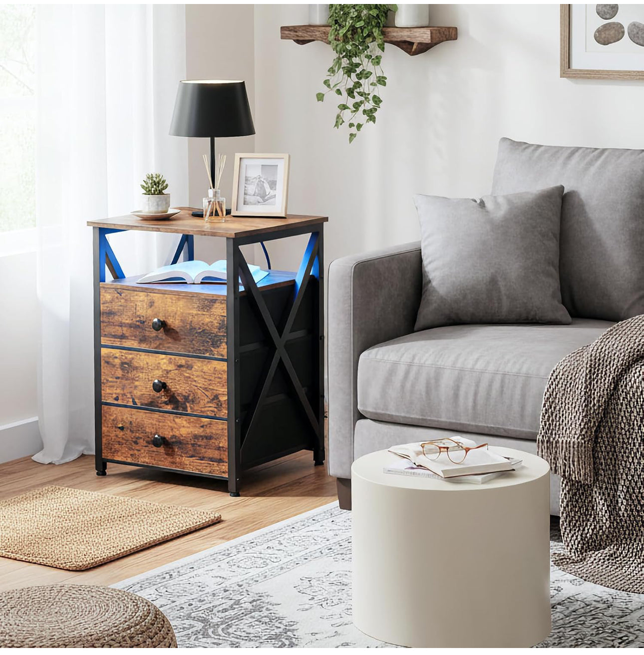 Bedside Table Set of 2 with Charging Station, Side Table with Led Lights