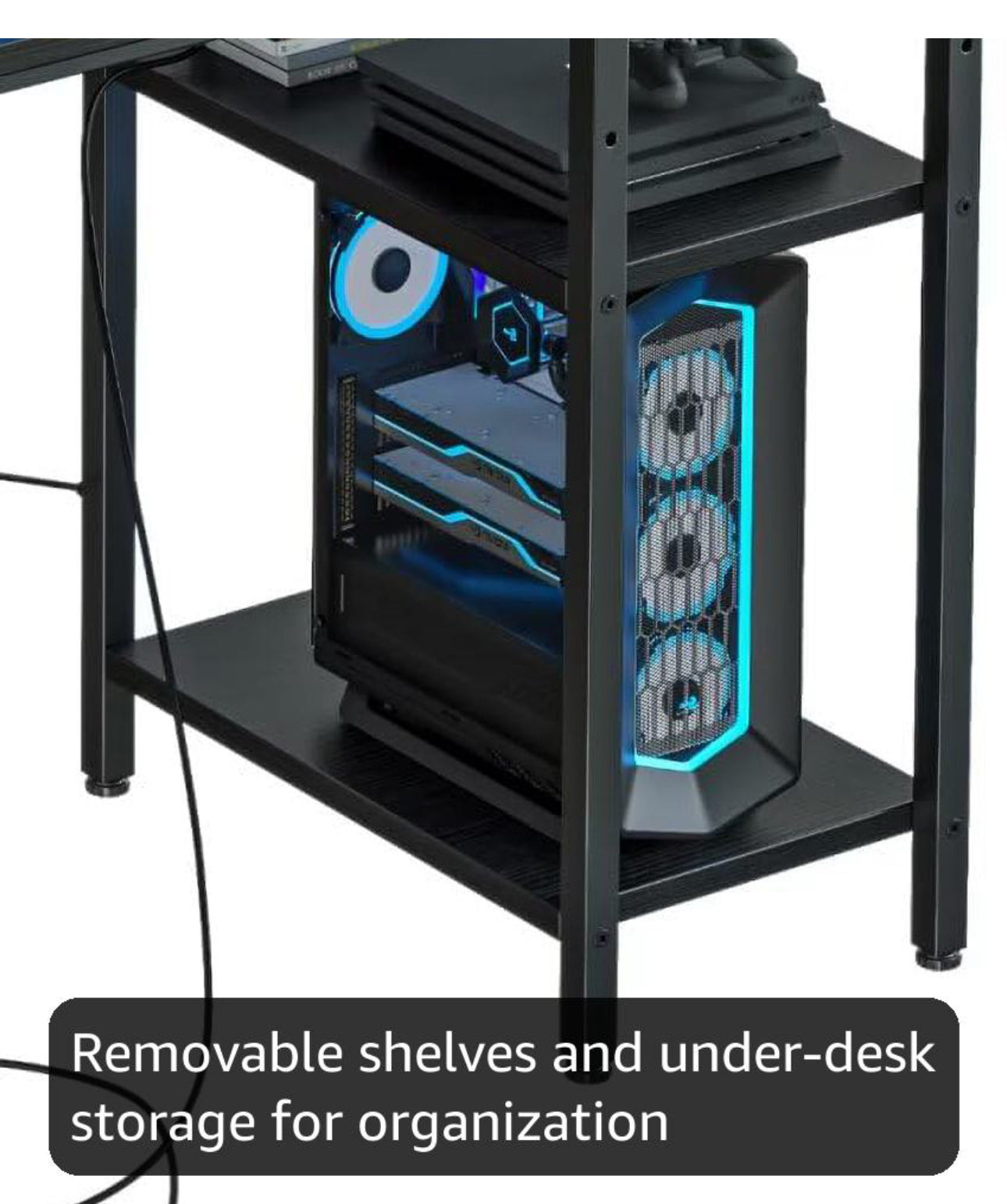 Gaming Desk with LED Lights &amp; Power Outlets Black