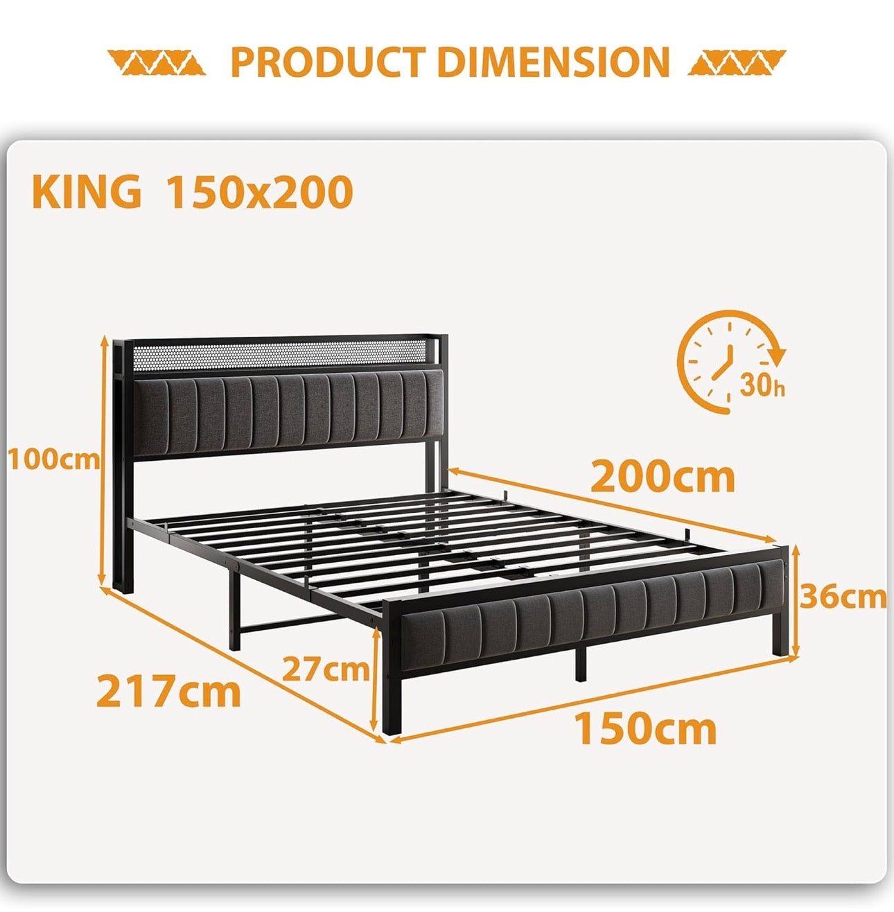 King Size Bed Frame with Storage Upholstered Headboard Shelf,5ft