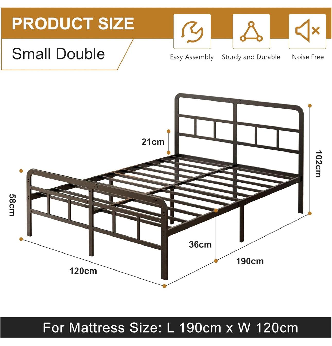 Small Double Bed Frame with Headboard and Footboard 120x190 cm