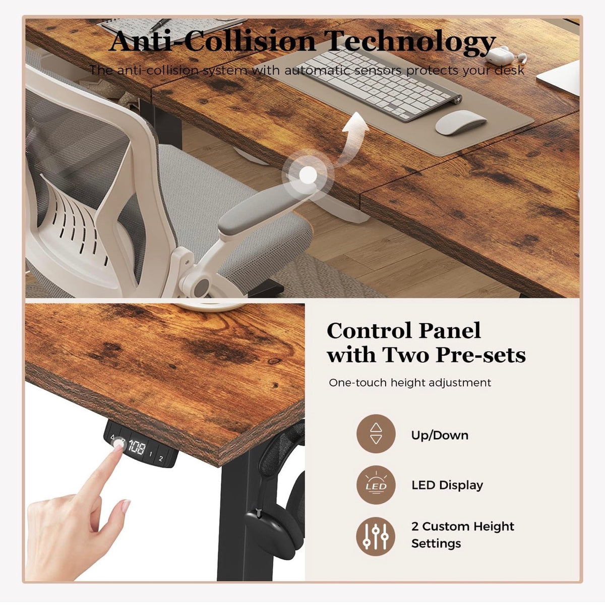 Electric Standing Desk, 2 Memory Buttons for stand & sit, 140x60
Height Adjustable Desk for smart Pannel, 72-116cm, Sit Stand Desk with 2 Hooks, Home Office Desk, 3 pcs Desktops, Brown