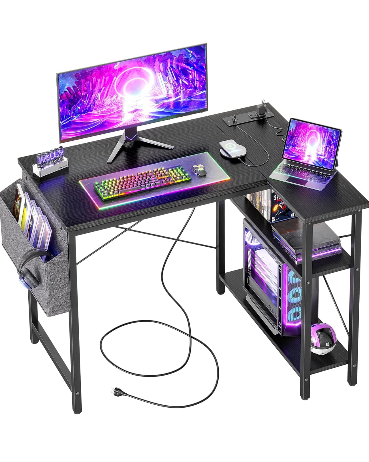 L Shaped Desk with Power Outlets 100x70 cm