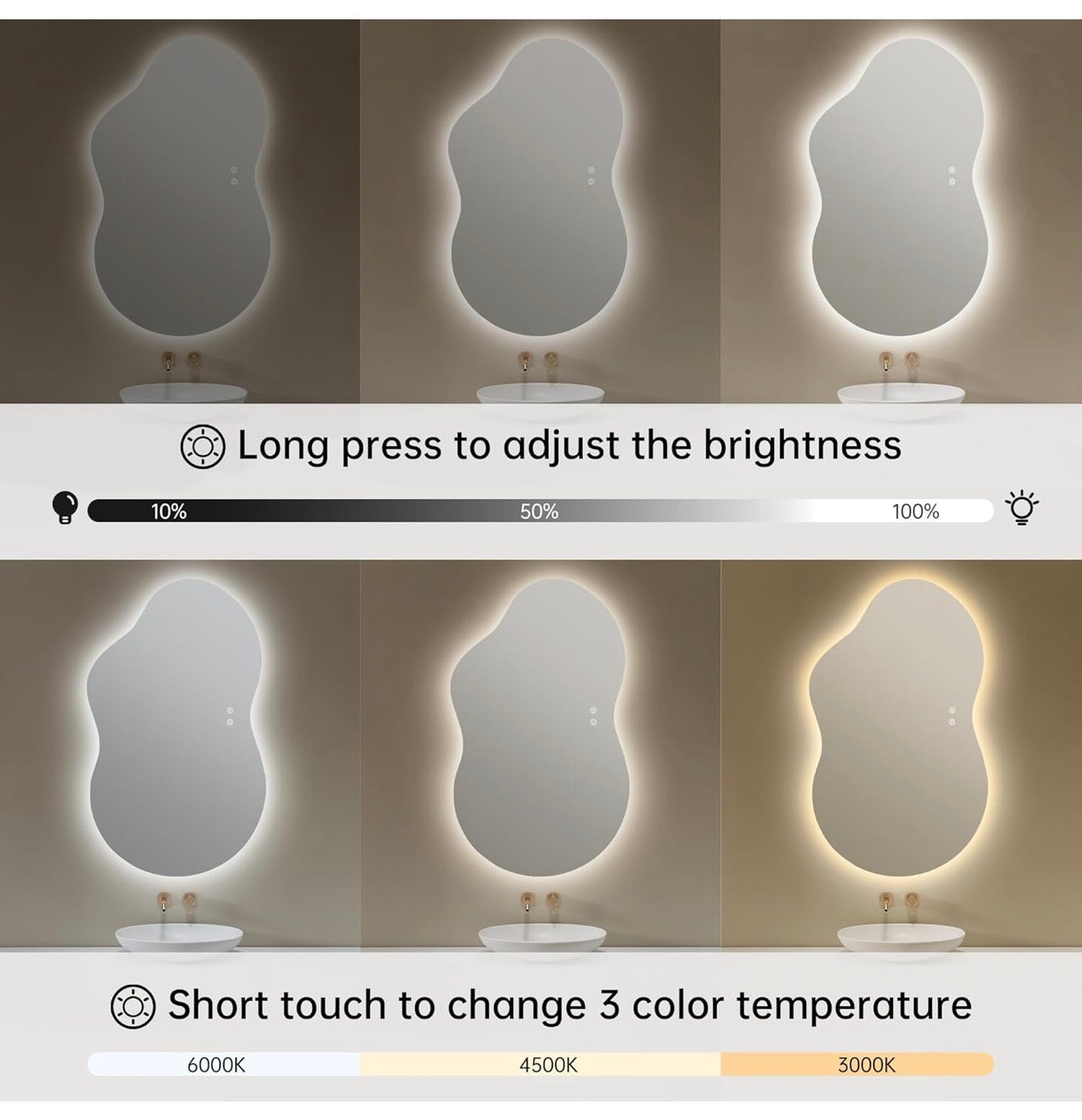 Bathroom Mirror with LED Lights,100X60cm Irregular LED Bathroom Mirror, Anti-Fog, 3 Colour, Dimmable, Vertical/Horizontal