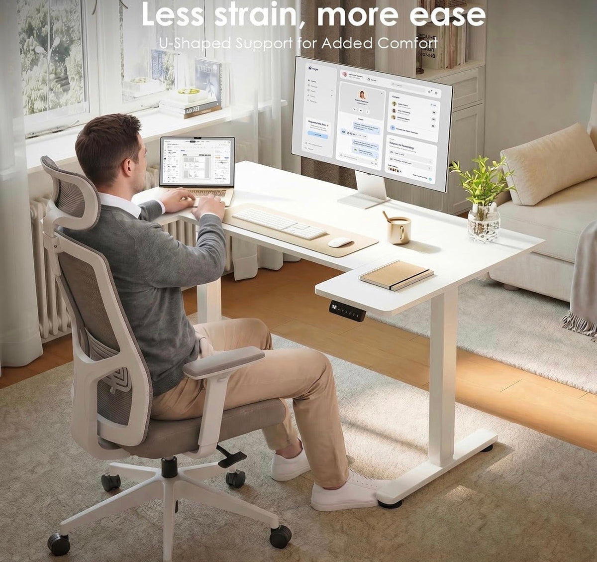 Height-adjustable desk with memory function, 140 x 70 cm, white
U shape table top, 2 memory settings, height-adjustable desk, quiet motor, 72-118 cm adjustable