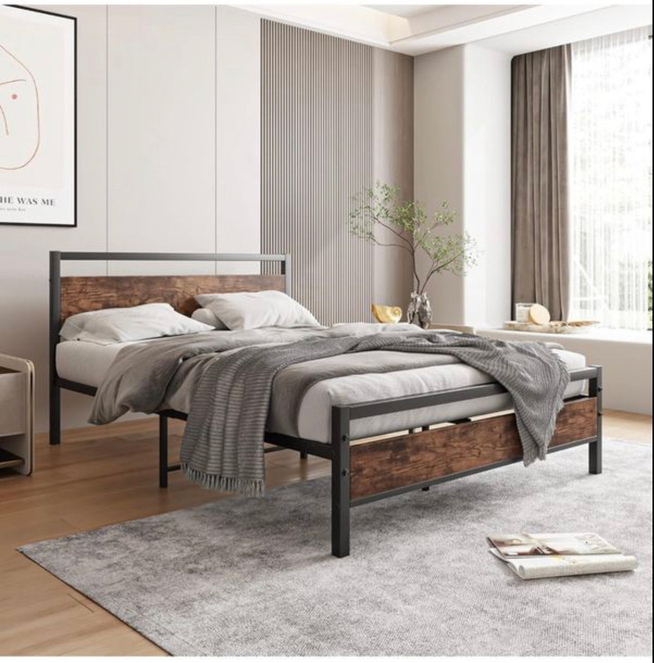 Double Bed Frame with Wooden Headboard