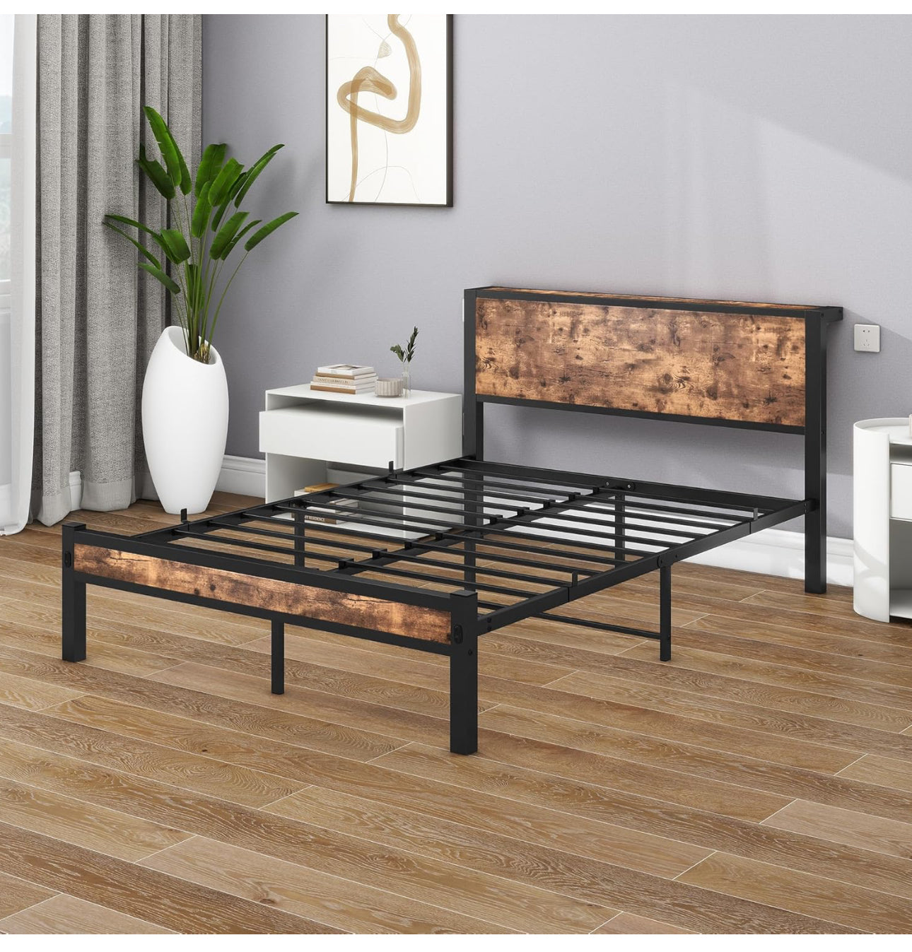 Double Bed Frame with Wooden Storage Shelf Headboa