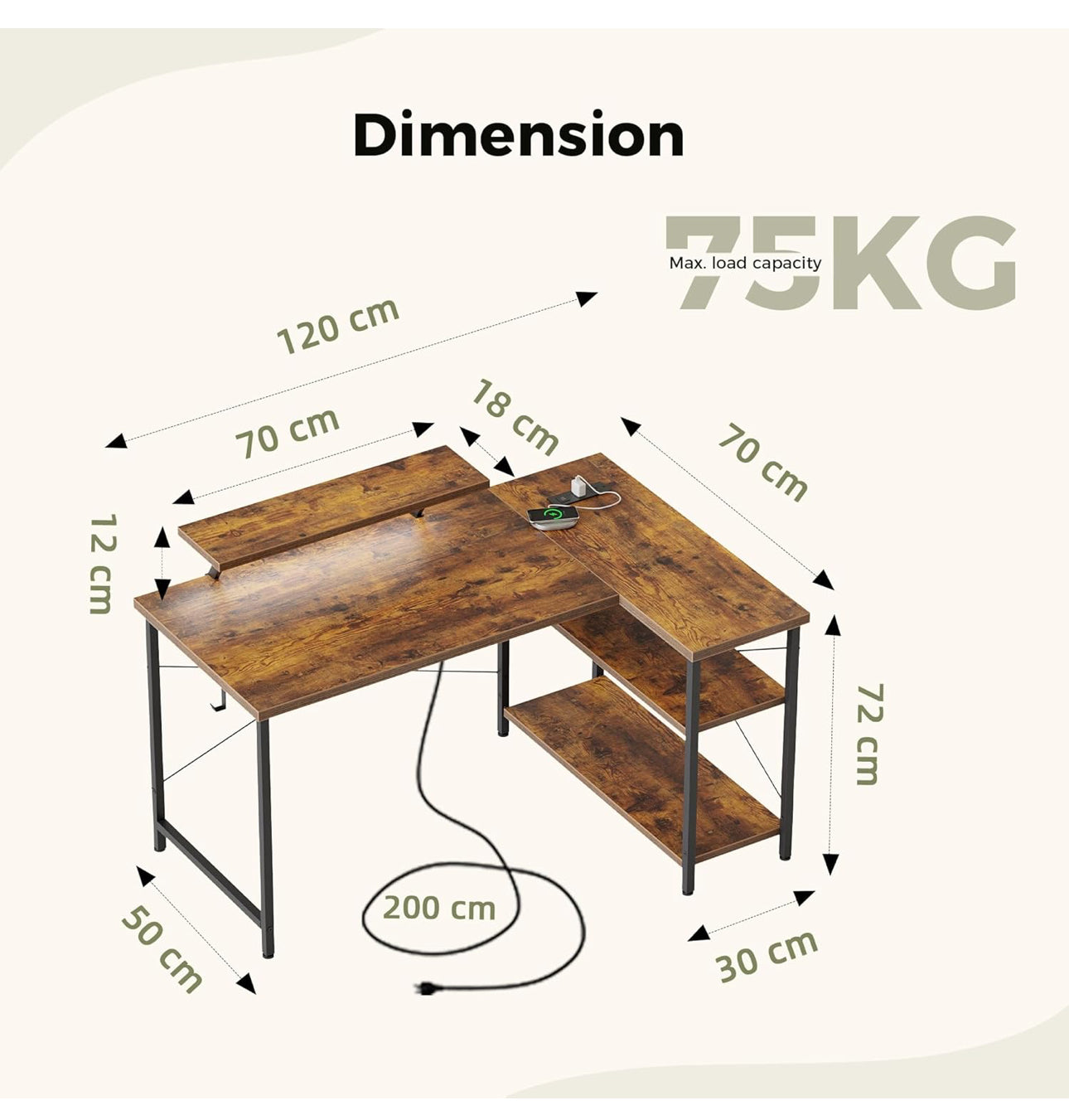 L-Shaped Desk with LED, 120x70cm