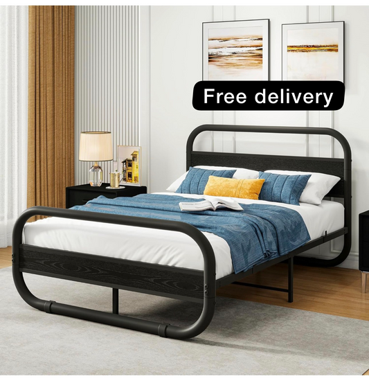 Double Size Bed Frame with Headboard,135x190 cm,Black | Oval-Shaped Platform Bed with Under-Bed Storage,Steel Slats Mattress Foundation Round Pipe Design,Enhanced Support Noise Free
