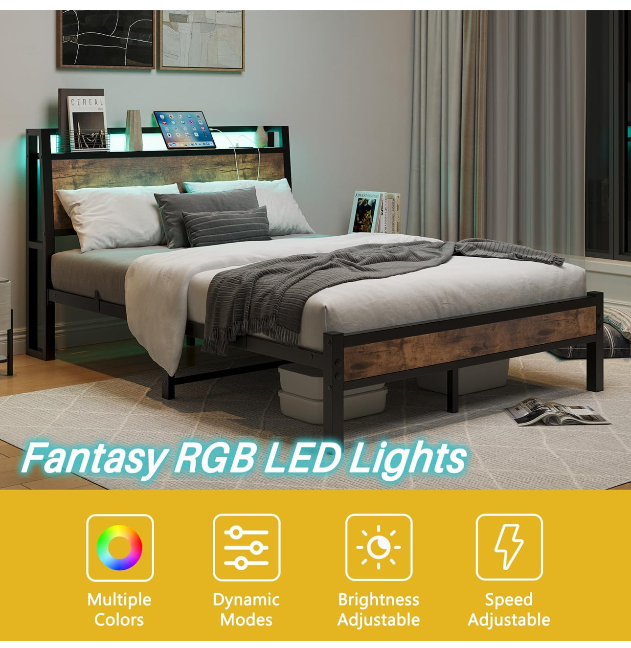 Double Size Bed Frame with Charging Station and LED