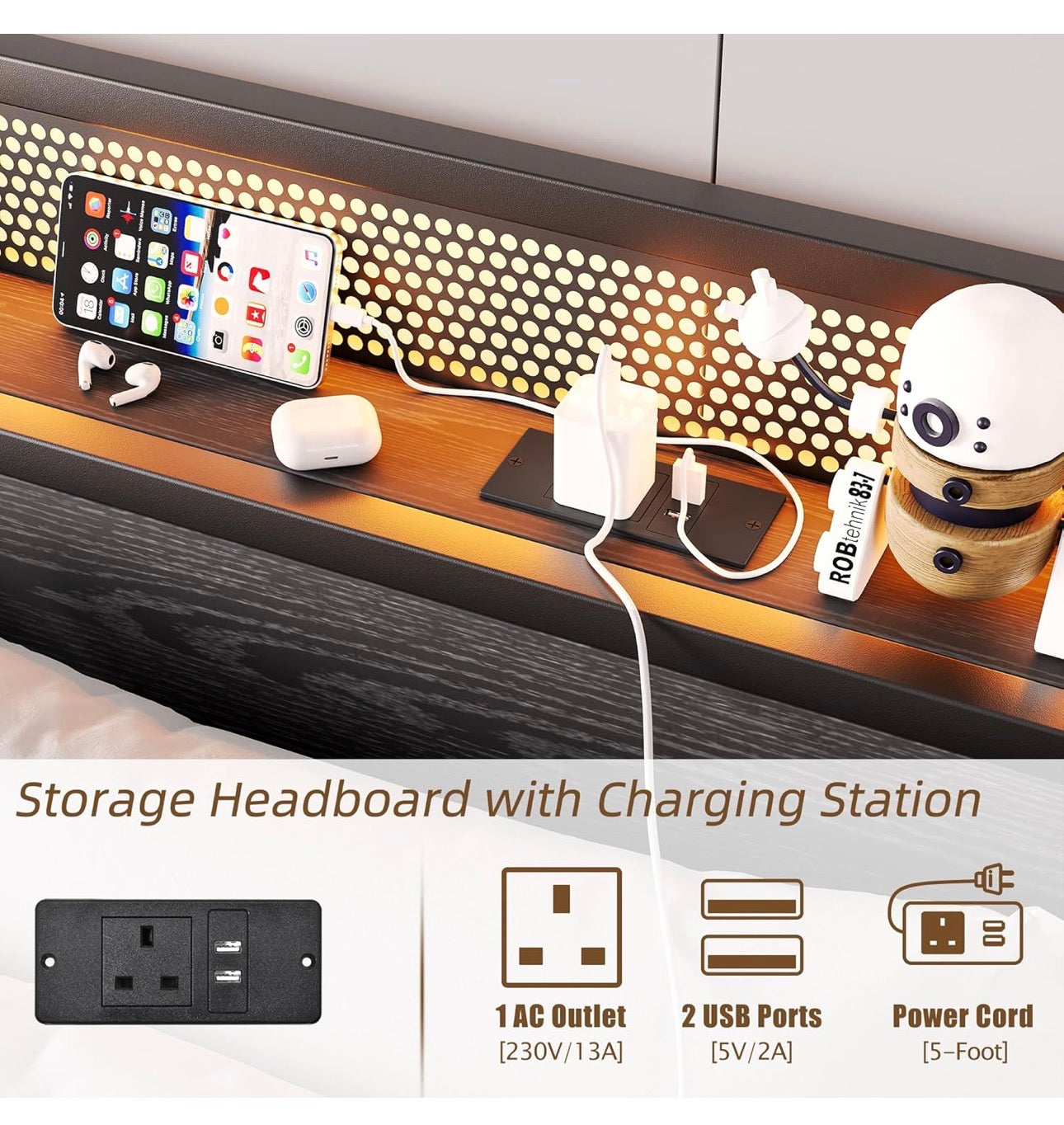 King Size Bed Frame with Storage,LED Lights,5ft Metal Bed Frame Kingsize Bed Frame with Charging Station,Mattress Foundation,Strong Steel Slats Support,Noise Free,Black