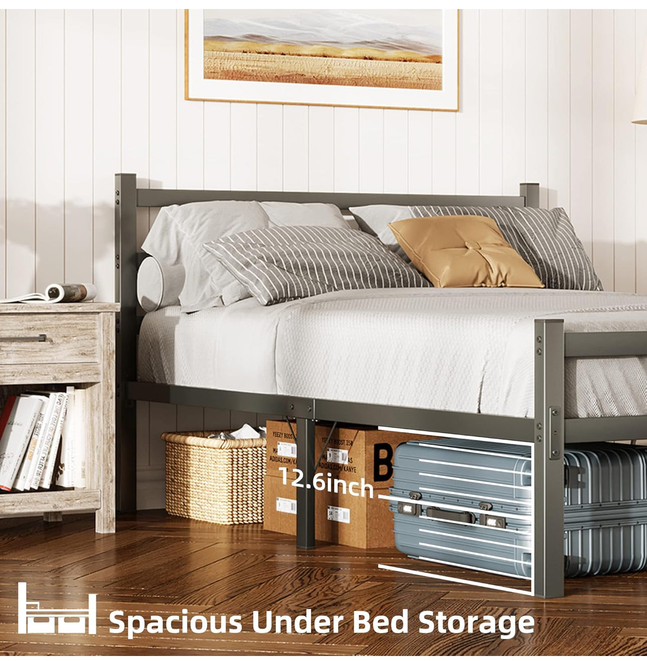 4ft6 Double Bed Frame with Headboard, Black Metal