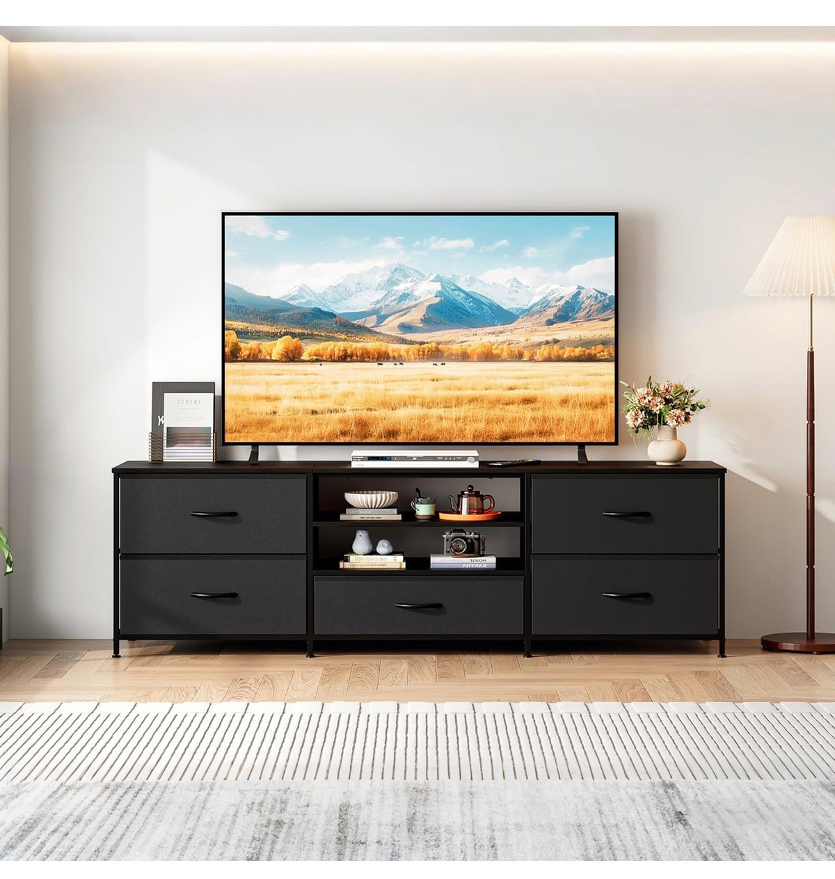 TV Stand Cabinet, TV Unit with 5 Drawers, 140 cm, All Black
TV Console Table with Storage Organizers, Entertainment Center with Open Shelf for Living Room, Bedroom