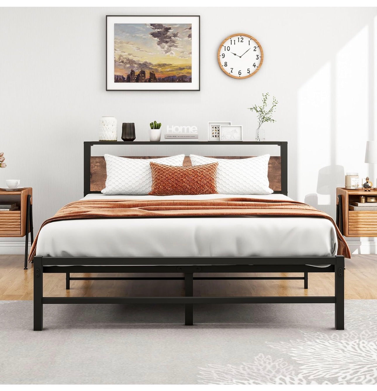 5ft King Metal Platform Bed Frame with Wooden Storage Shelf Headboard, 150x200 cm