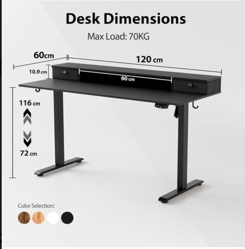 Height Adjustable Desk with Two Drawers, 120 x 60 cm Electric Computer Desks with Memory Function