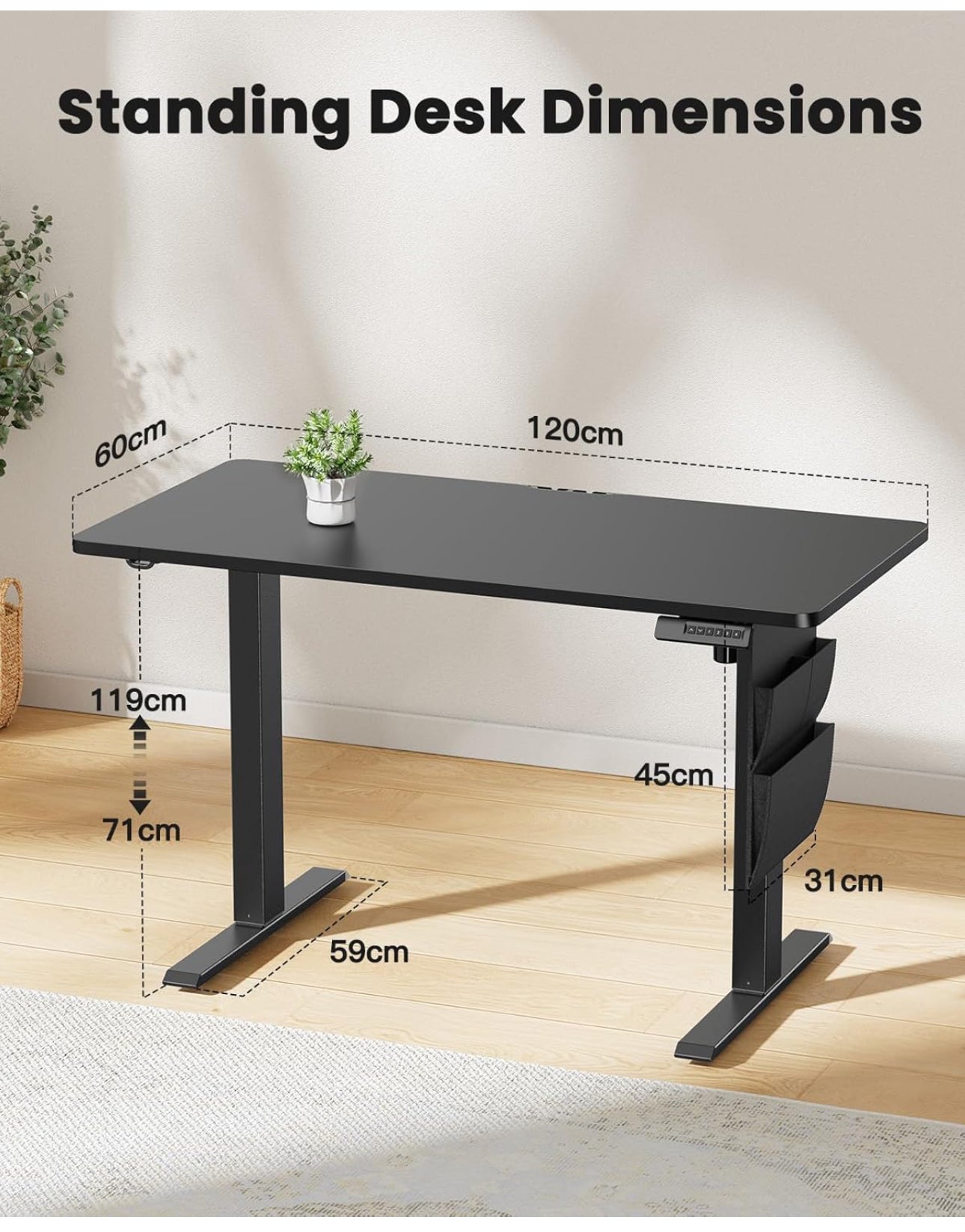 Standing Desk 120x60cm, Supports Up to 80KG Height Adjustable Electric Standing Desk with Storage Bag