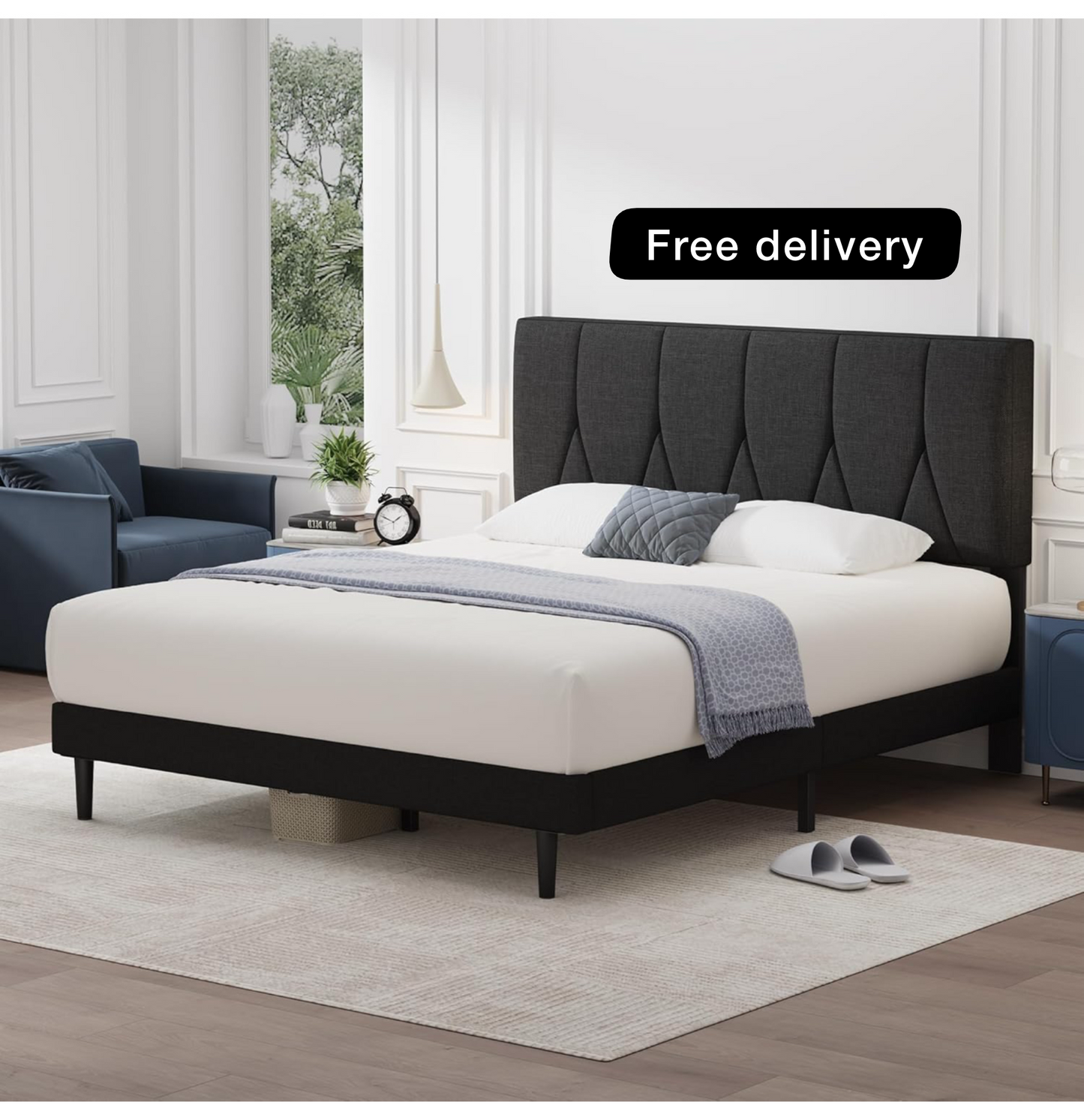 King Bed Frame, Dark Grey, Upholstered Wooden Slat