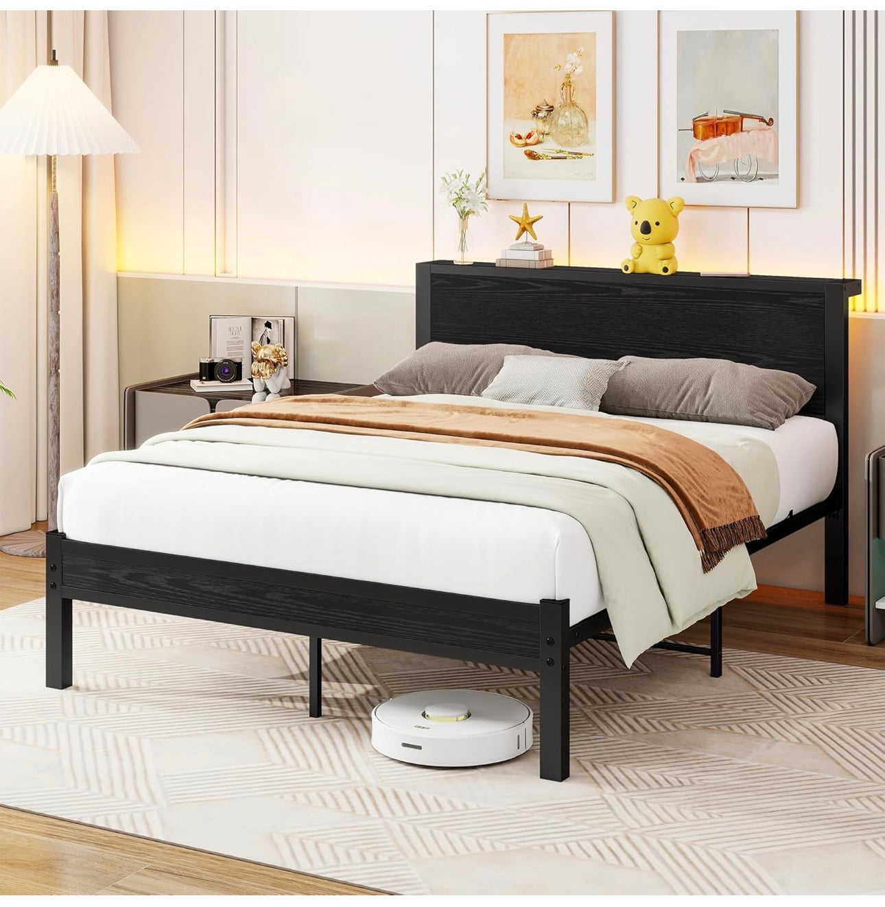 Double Bed Frame Metal Platform Bed Frame with Wood Headboard