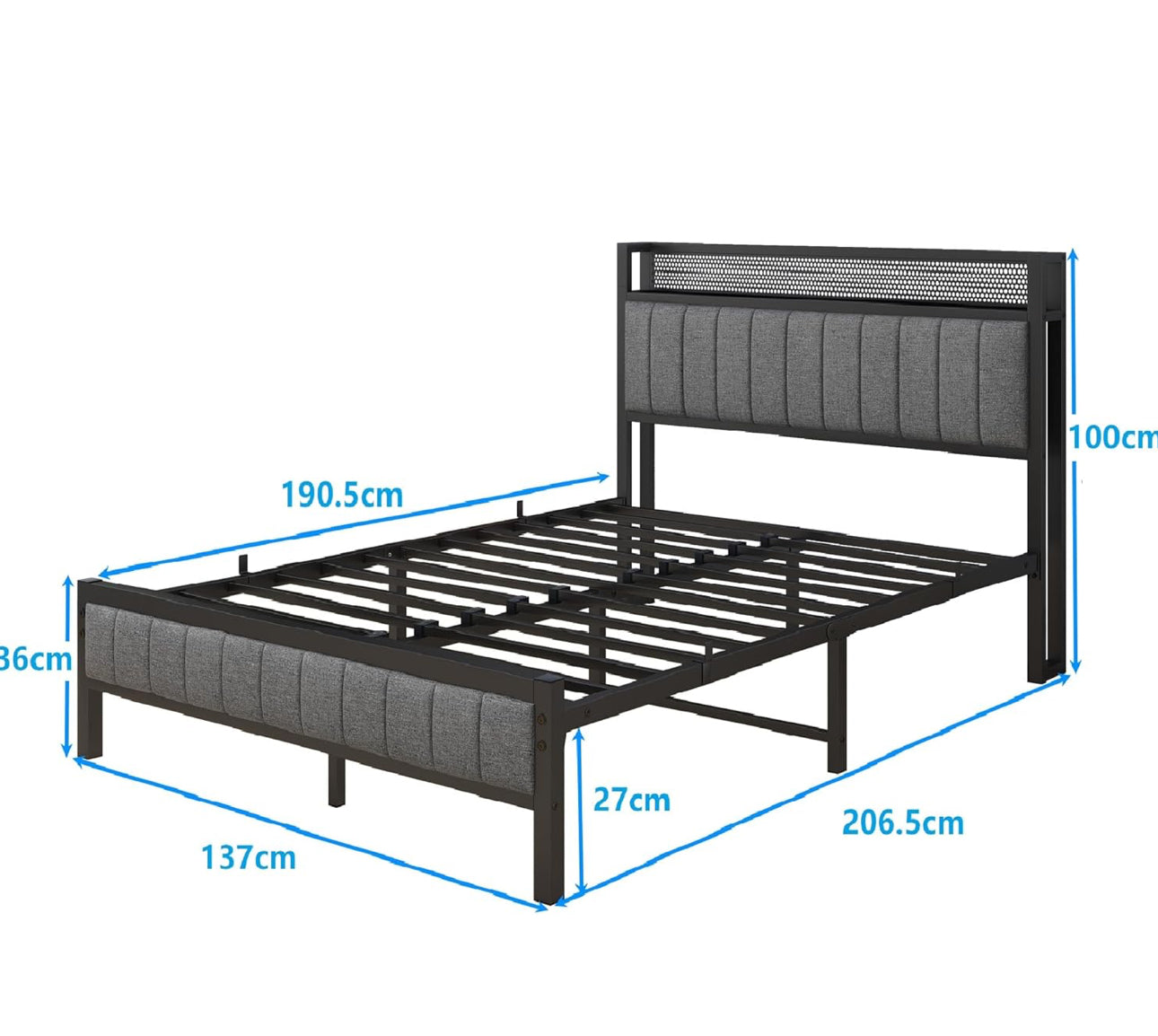 Double Bed Frame with Wooden Storage Headboard