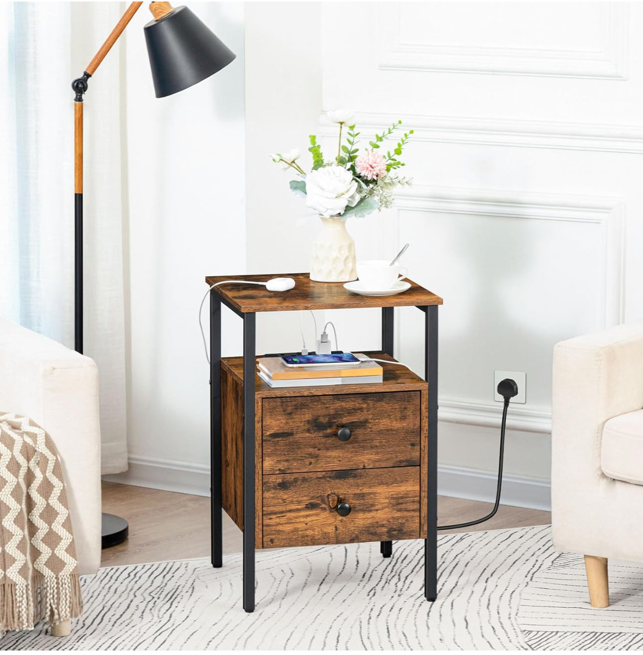 2 Bedside Table, Side Table with Charging Station