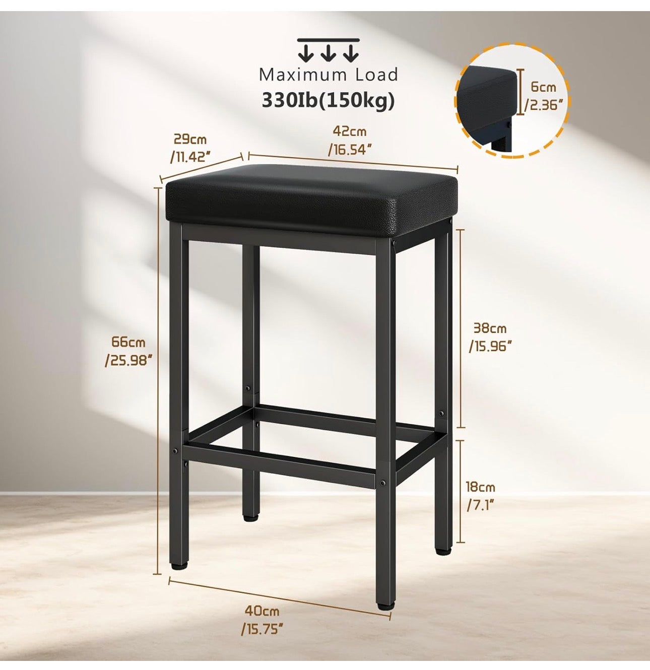 66 cm Bar Stools Set of 4, Black Breakfast Barstools