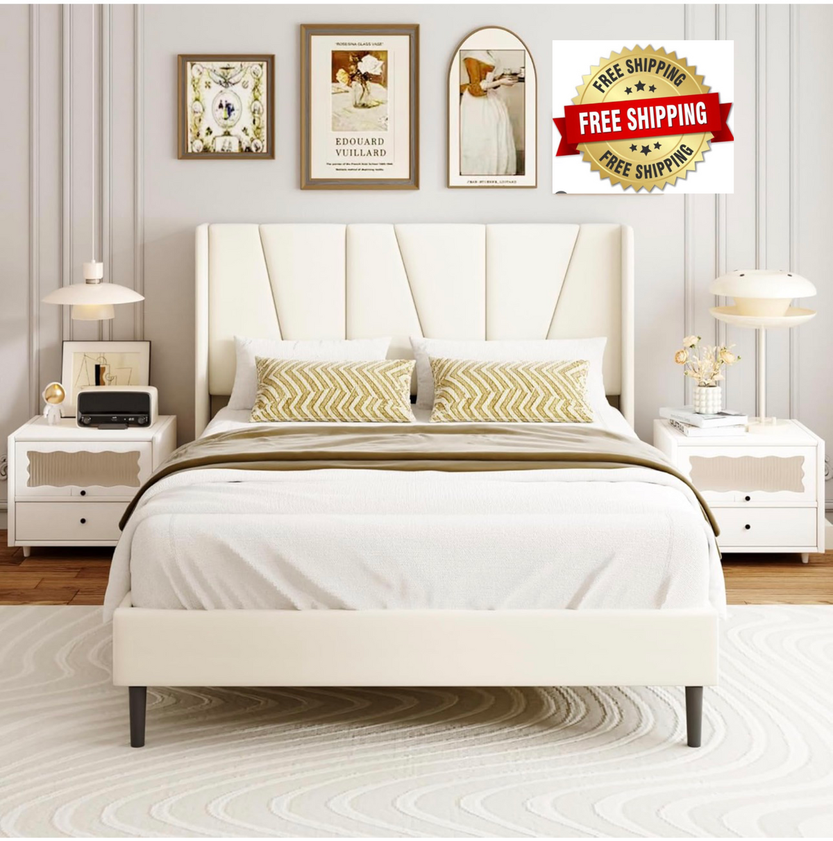 Upholstered Platform Bed Frames, Contemporary Mattress Foundation, No Box Spring Needed, Noise Free, Easy Assembly, Beige