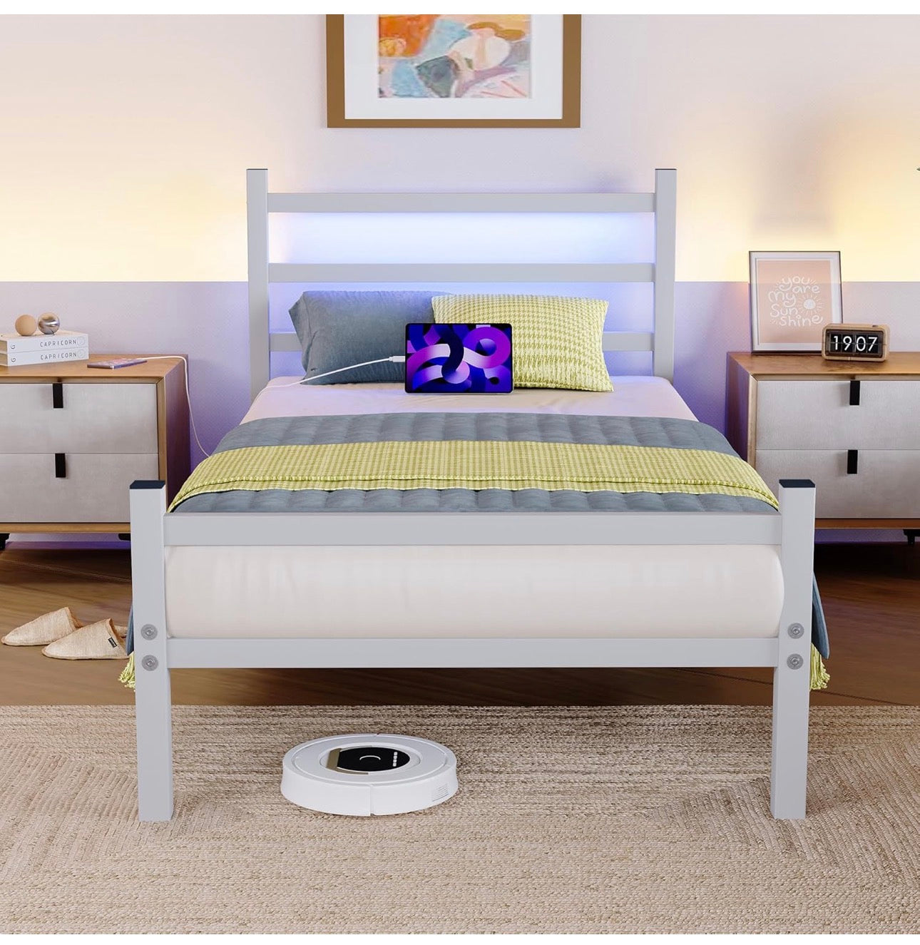 Single Bed Frame with Headboard&LED Lights,Heavy Duty Metal Platform Bed Frame Single with Charging Station,3ft Bed Base with Strong Slats Support,UnderBed Storage,Easy Assembly,White