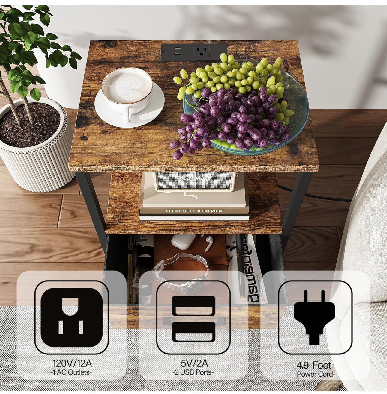 Bedside Table with Charging Station, Side Table with 2 USB Ports and Outlets, Nightstand with Cloth Drawer, Set of 2, End Table, Brown