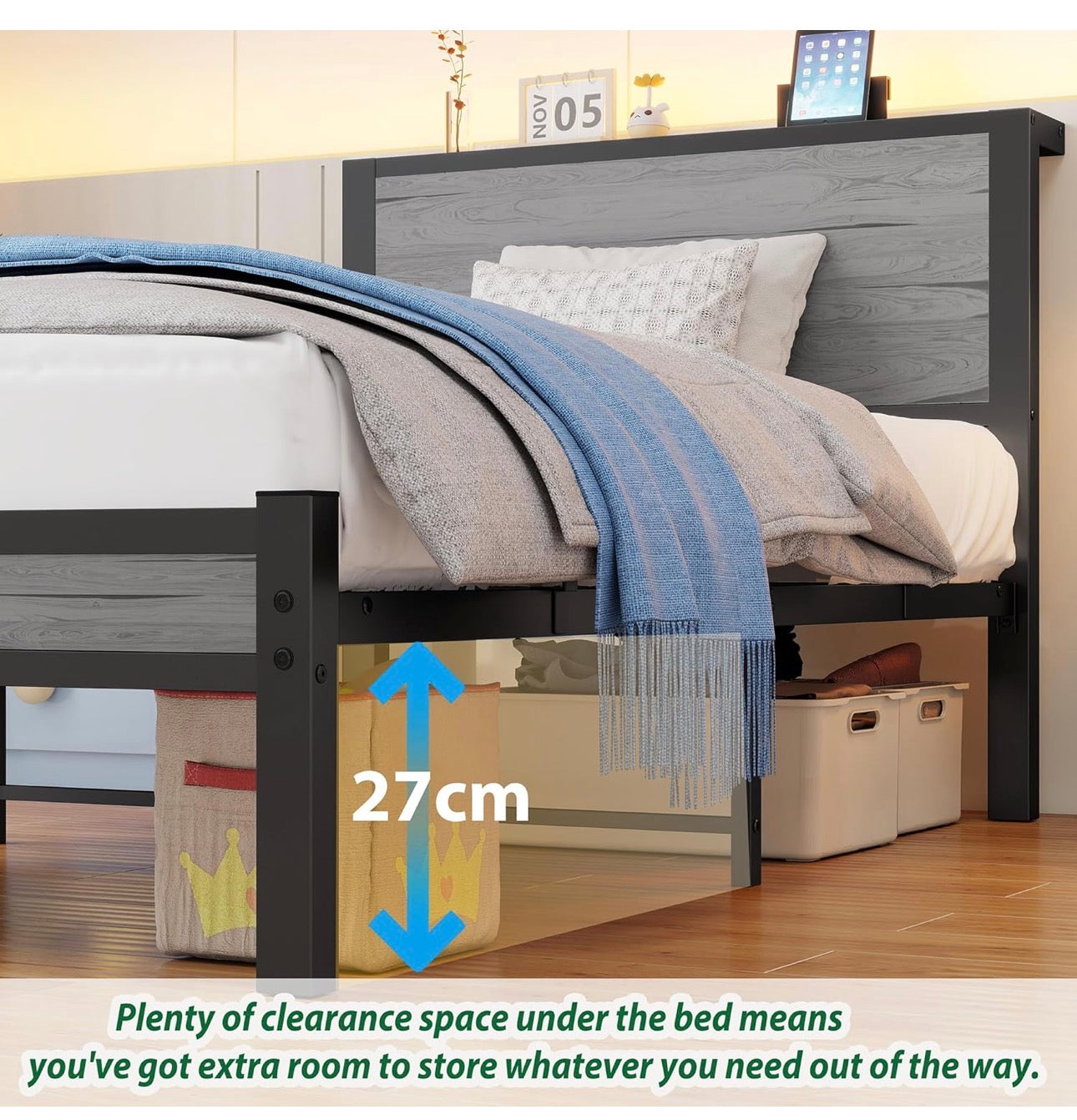 Wooden Single Bed Frame with Storage Headboard Shelf, 3FT Metal Bed Frame Single Bed Base