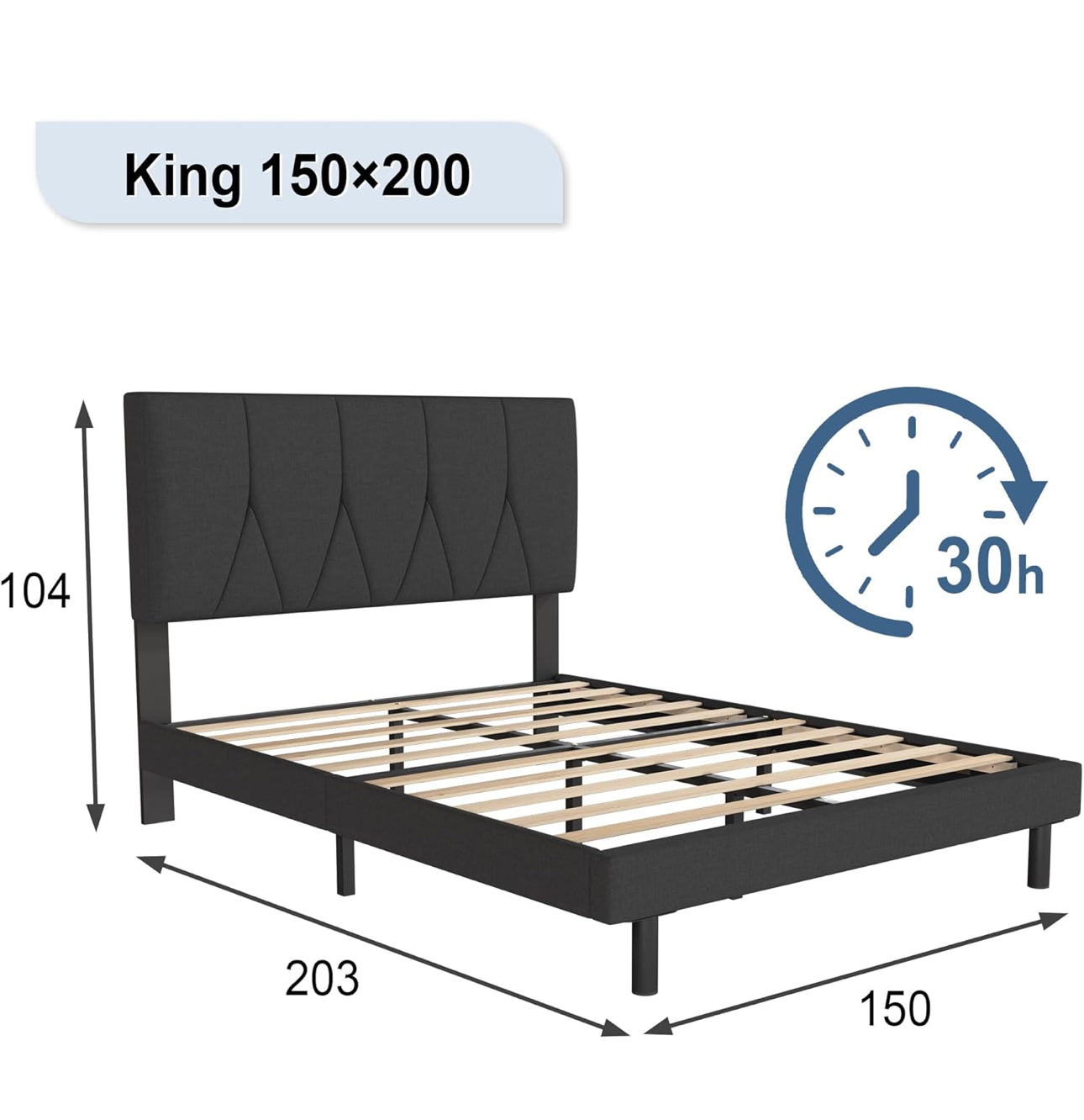 King Bed Frame, Dark Grey, Upholstered Wooden Slat