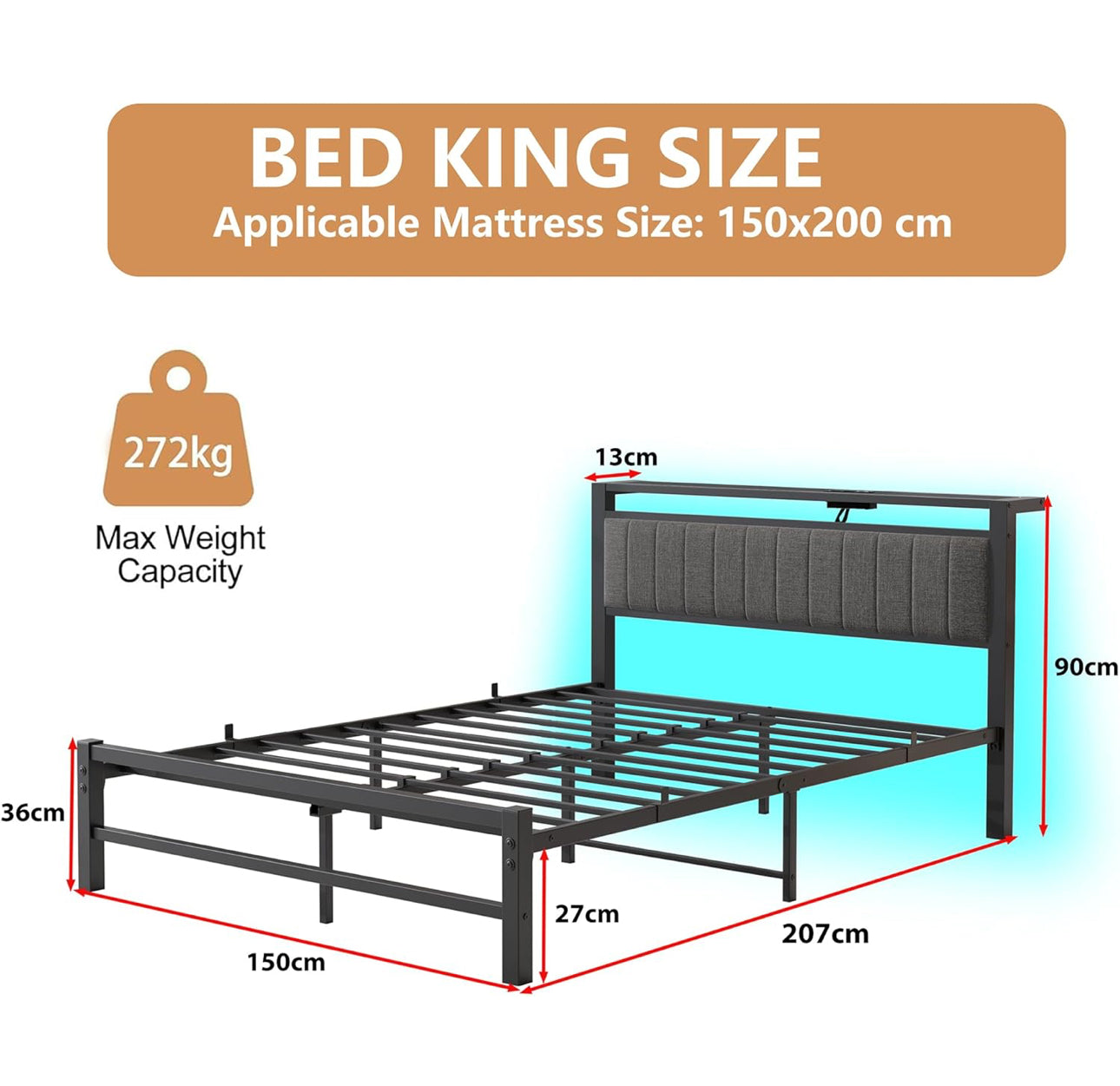 King Size Bed Frame with Storage Headboard, 5ft Upholstered Bed Frame Kingsize with Charging Station and LED Lights