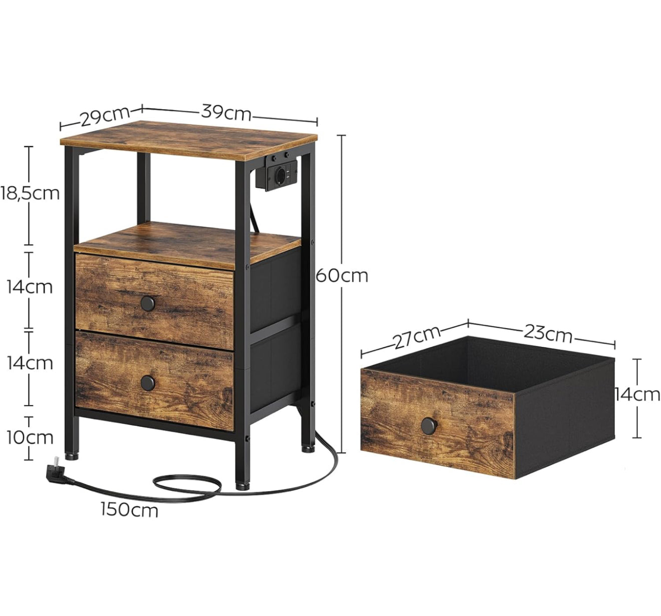 Set 2 of Bedside Table with Charging Station, Side Table with 2 USB Ports and Outlet