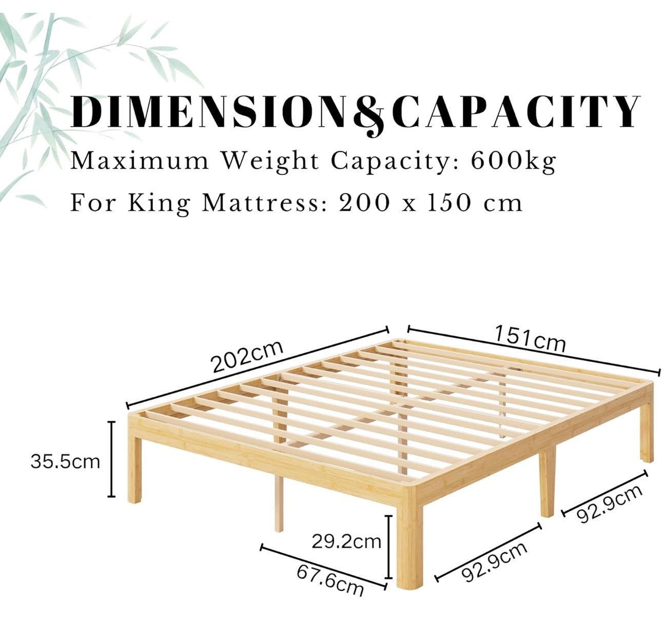 Bamboo Wood King Size Bed Frame with Metal Slats