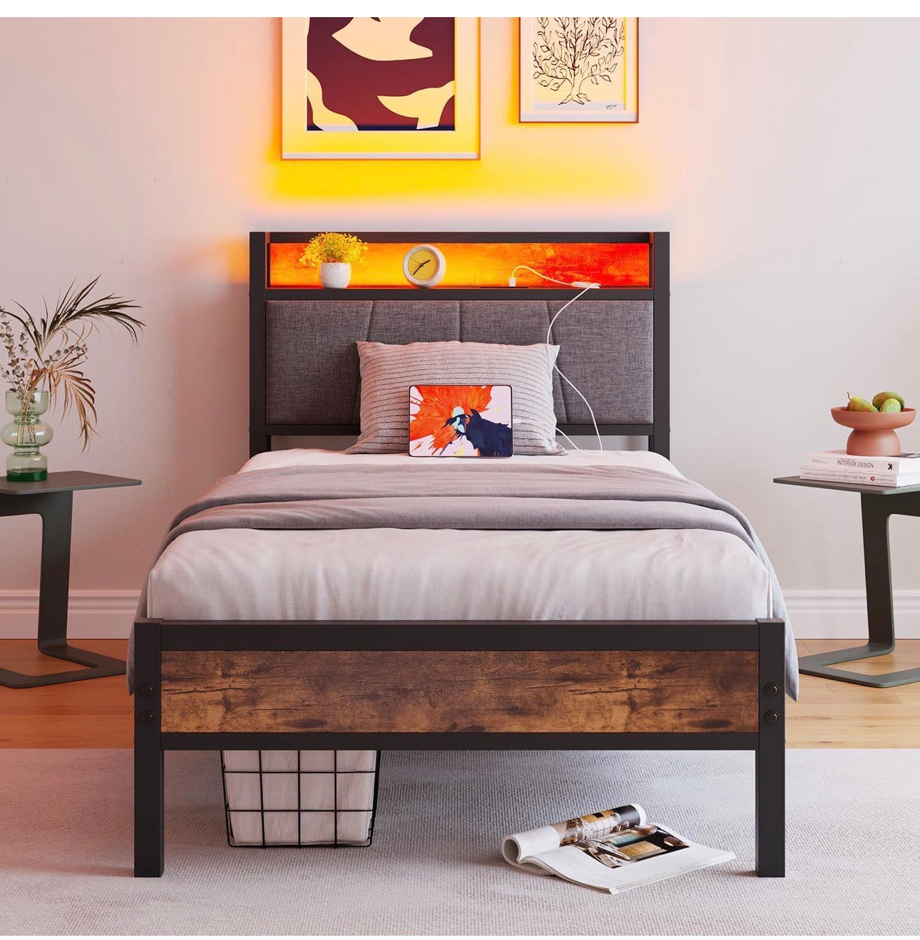 3ft Single Bed Frame with Storage Headboard,LED Lights Brown