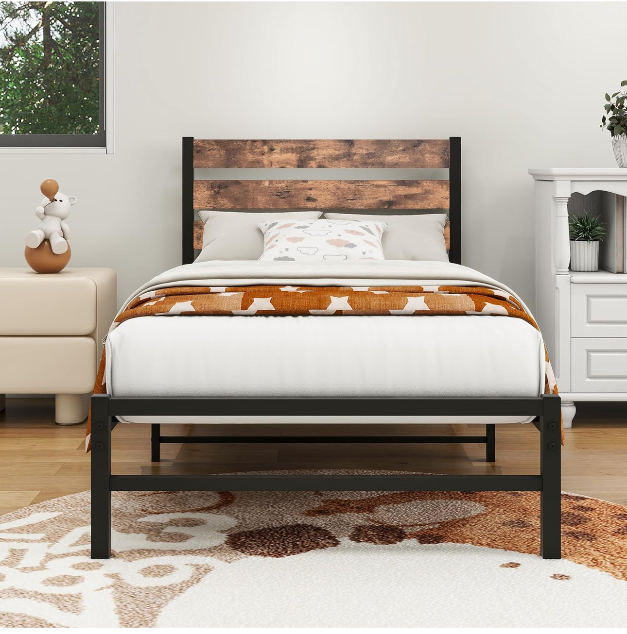 Single Bed Frame Heavy Duty Metal Platform Bed Frame, Black Brown