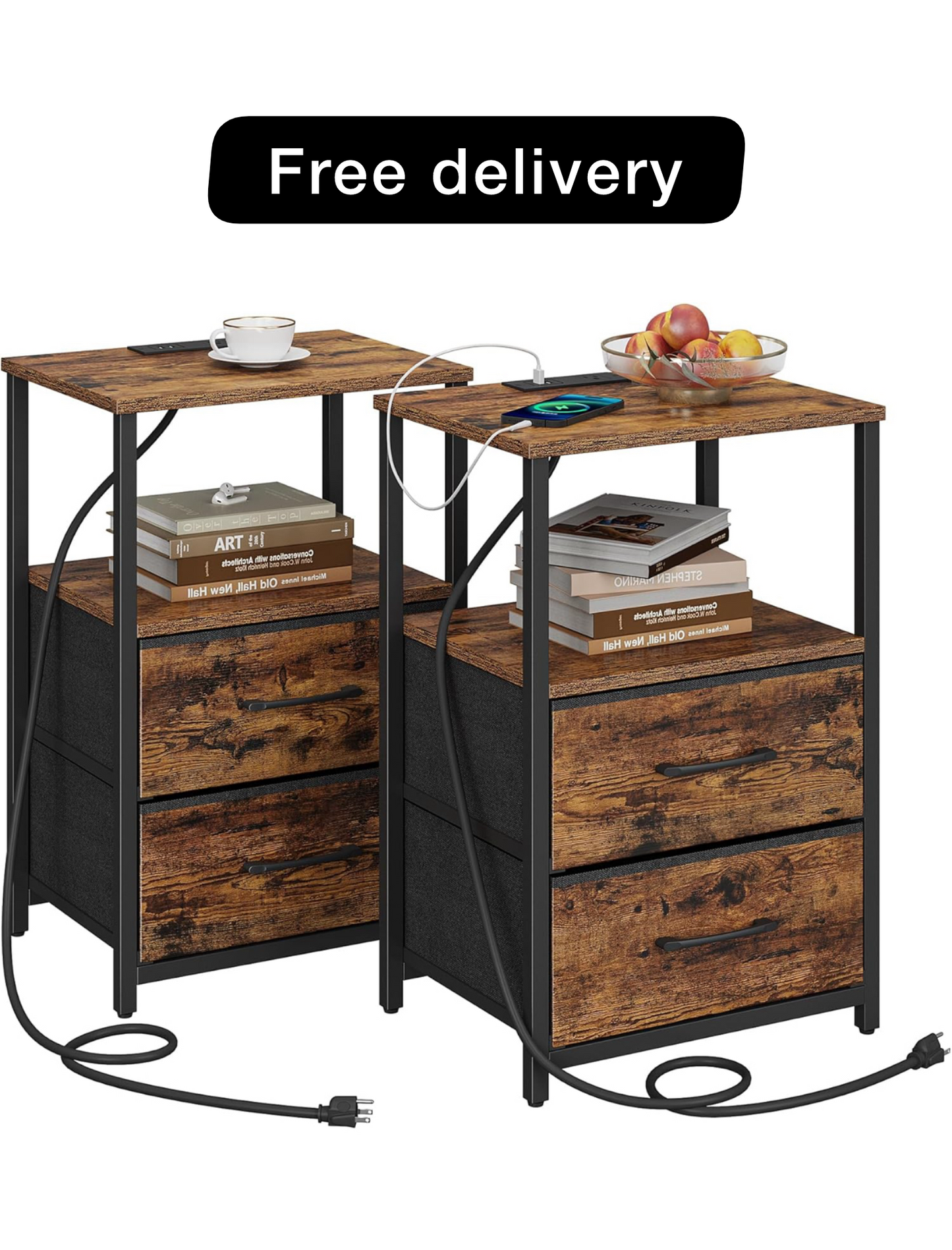 Bedside Table with Charging Station, Side Table with 2 USB Ports and Outlets, Nightstand with Cloth Drawer, Set of 2, End Table, Brown