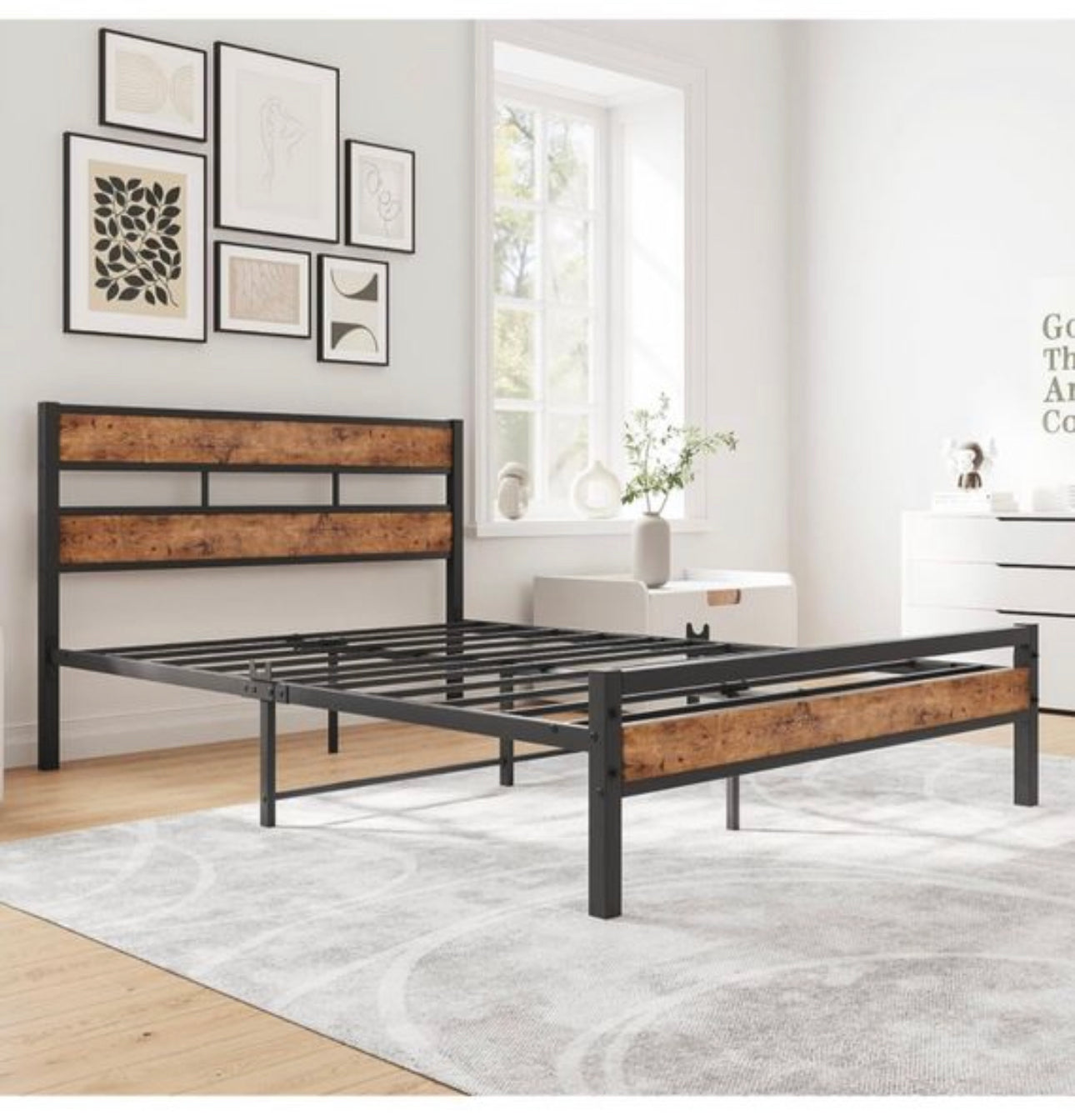 Double Bed Frame with Wood Headboard