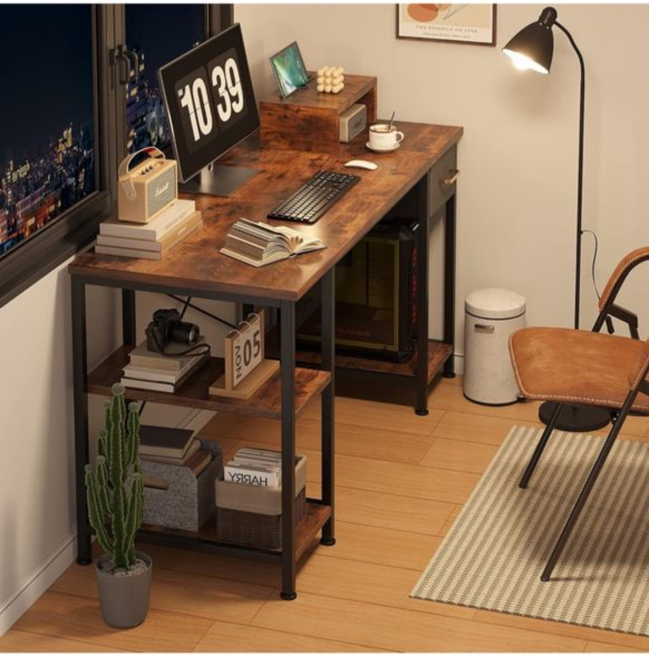 140cm Computer Desk with Drawer & 2 Storage Shelve