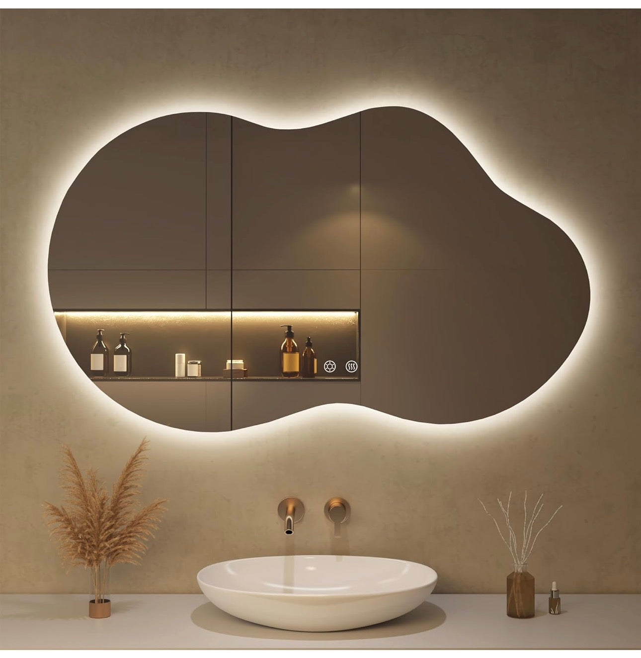 Bathroom Mirror with LED Lights,100X60cm Irregular LED Bathroom Mirror, Anti-Fog, 3 Colour, Dimmable, Vertical/Horizontal