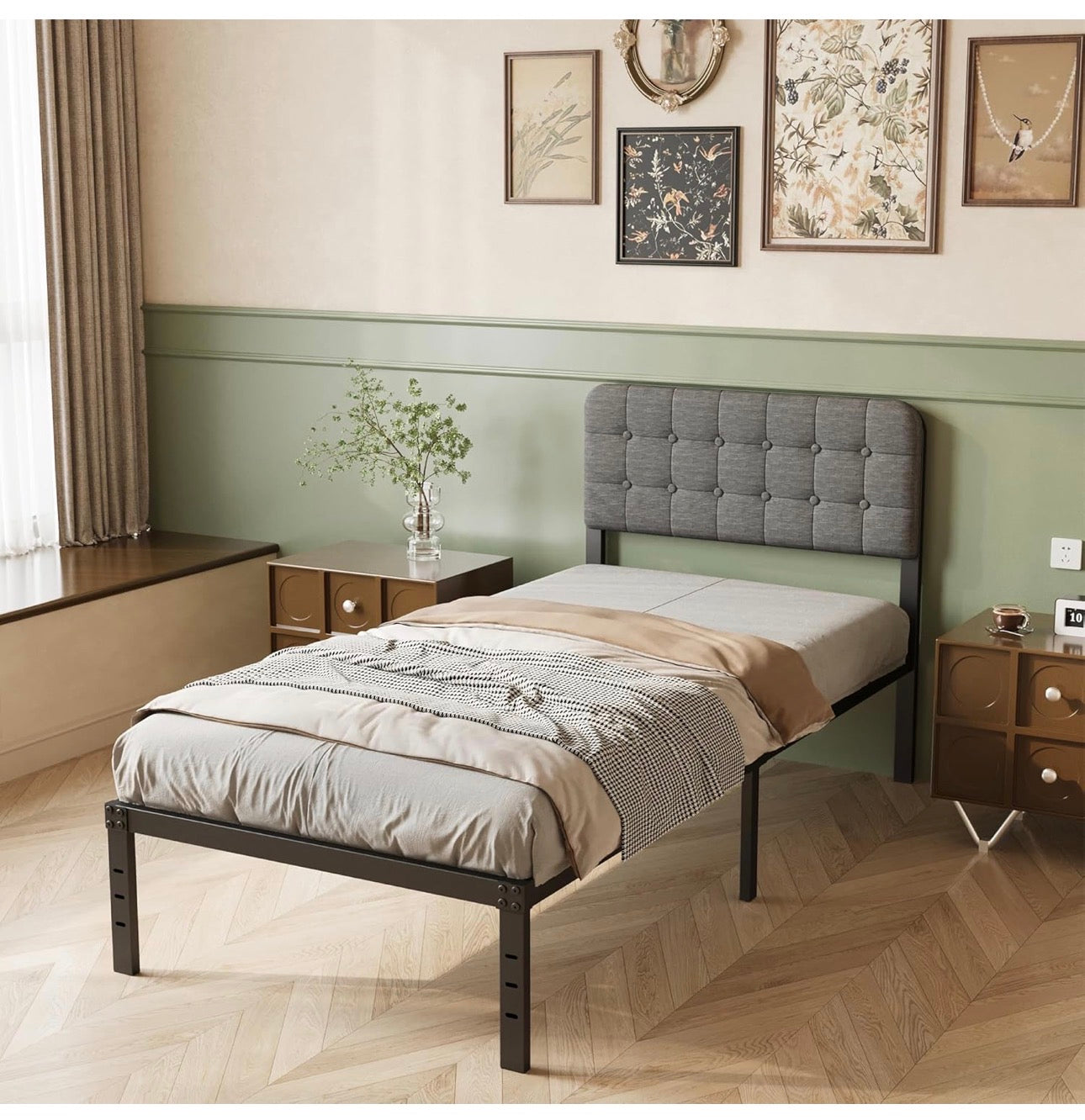 3ft Single Bed Frame with Upholstered Headboard and Footboard, 36cm High Metal Bed Frame Single 90x 190cm