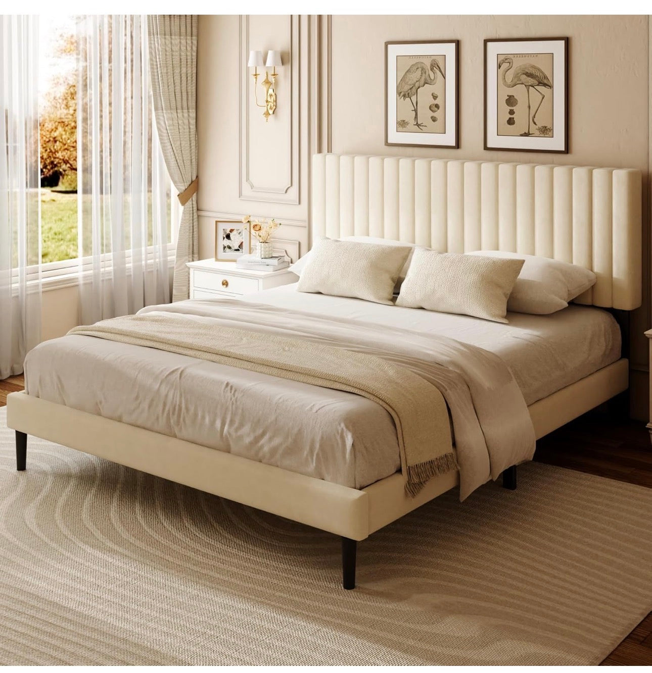Double Bed Frame with Velvet Upholstered Headboard, King Bed Frame