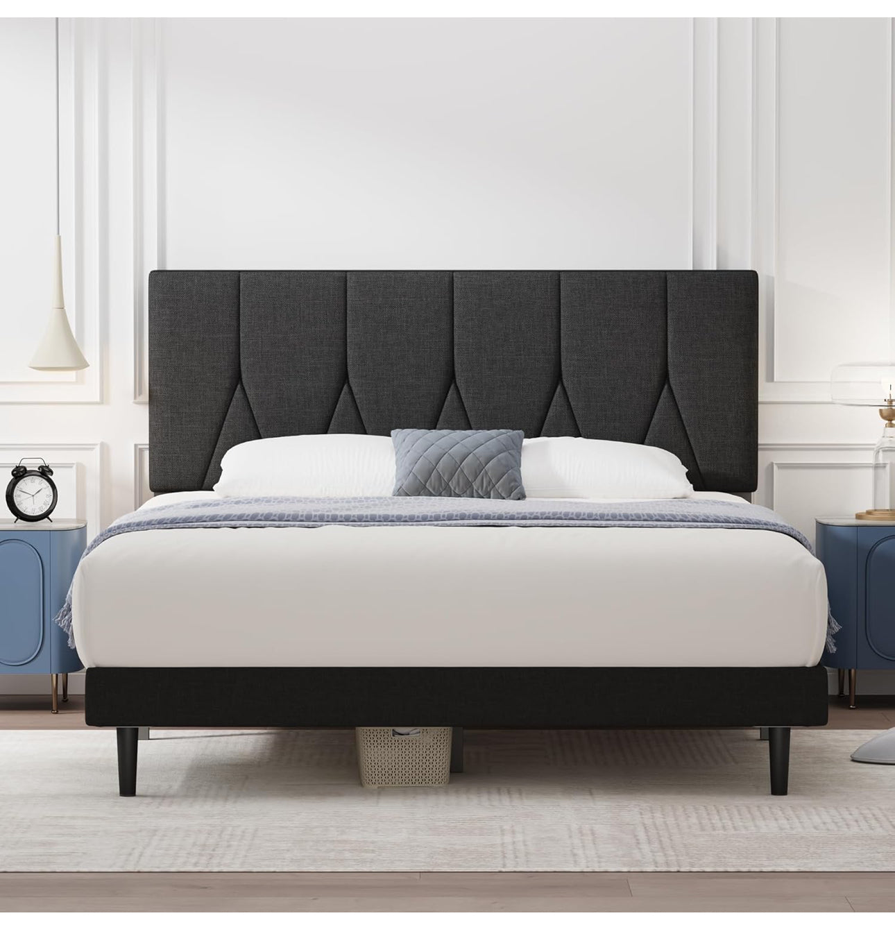 King Bed Frame, Dark Grey, Upholstered Wooden Slat