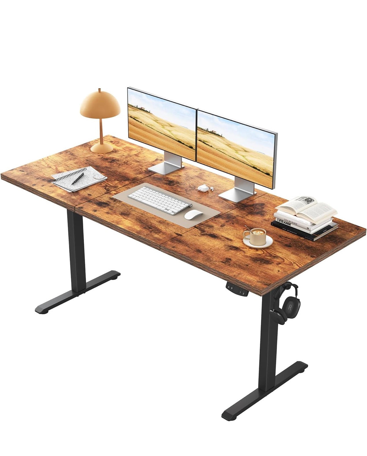 Electric Standing Desk, 2 Memory Buttons for stand & sit, 140x60
Height Adjustable Desk for smart Pannel, 72-116cm, Sit Stand Desk with 2 Hooks, Home Office Desk, 3 pcs Desktops, Brown