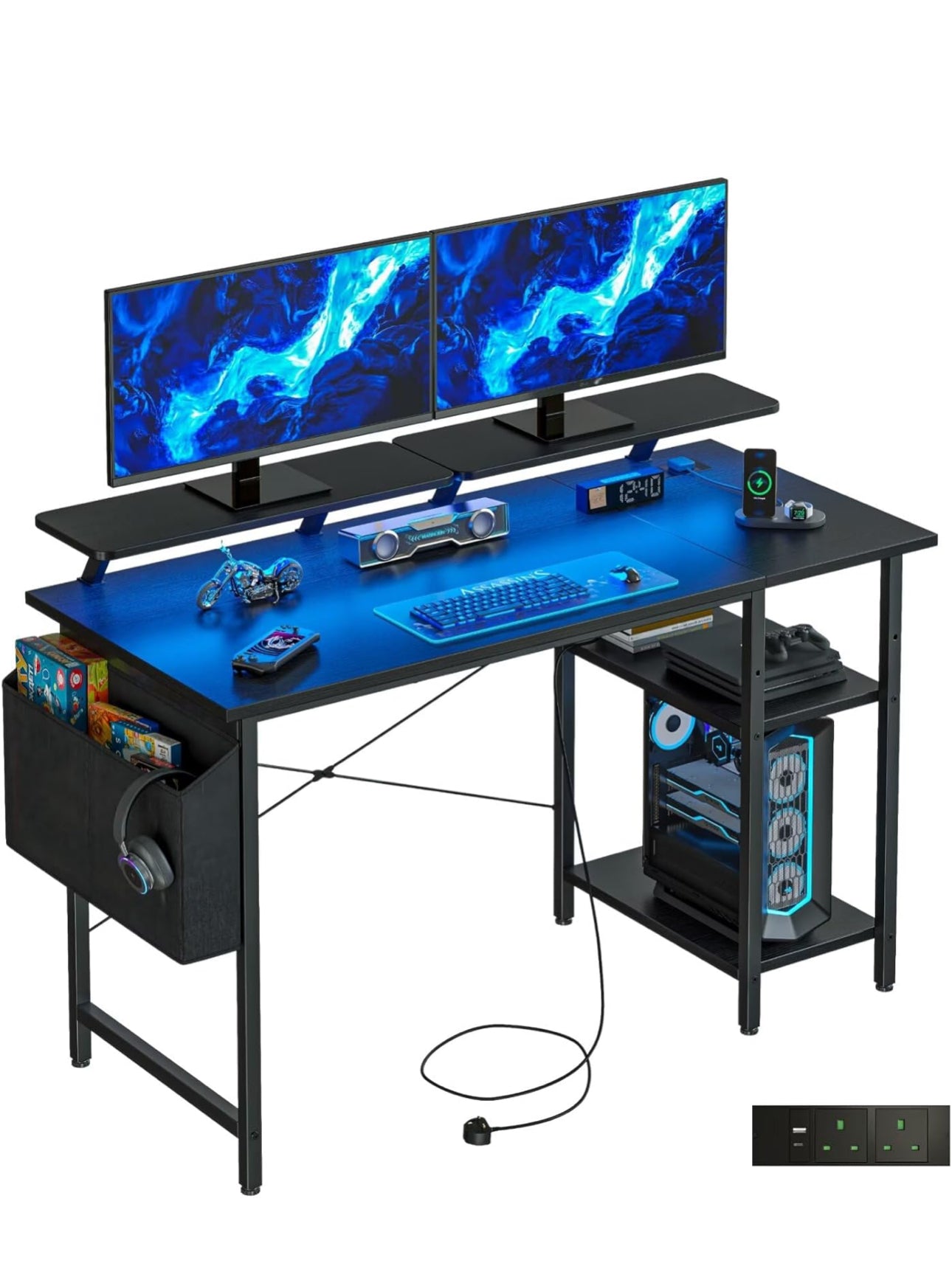 Gaming Desk with LED Lights &amp; Power Outlets Black